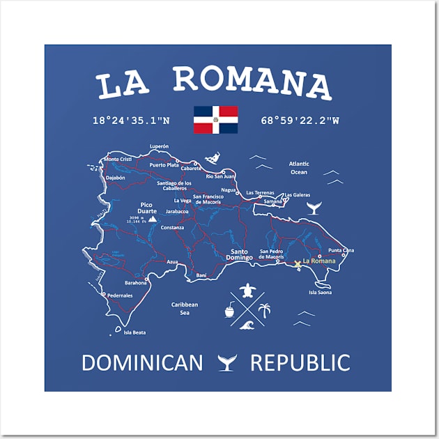 La Romana Dominican Republic Flag Travel Map Coordinates GPS Wall Art by French Salsa